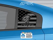 Load image into Gallery viewer, Dodge Charger quarter window decal featuring SRT Hellcat logo and American flag design, shown on blue car with Apex Auto Styling branding and Mopar official licensed product label