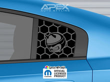 Load image into Gallery viewer, Blue Dodge Charger with custom quarter window decal featuring Demon Bee logo on black honeycomb pattern, showcasing Apex Auto Styling product and Mopar official licensed product sticker