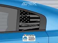 Load image into Gallery viewer, Dodge Charger quarter window decal featuring American flag design with Charger logo, displayed on a blue car body with Apex Auto Styling branding and Mopar official licensed product label