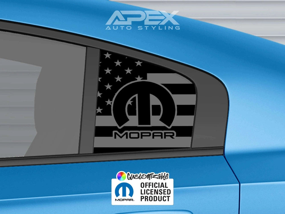 Dodge Charger quarter window decal featuring MOPAR logo with American flag design on matte black background, shown on blue car body with Apex Auto Styling branding