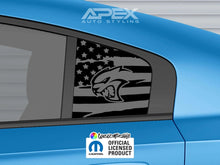 Load image into Gallery viewer, Dodge Charger quarter window decal featuring Hellcat logo and American flag design on matte black background, showcased on blue car body
