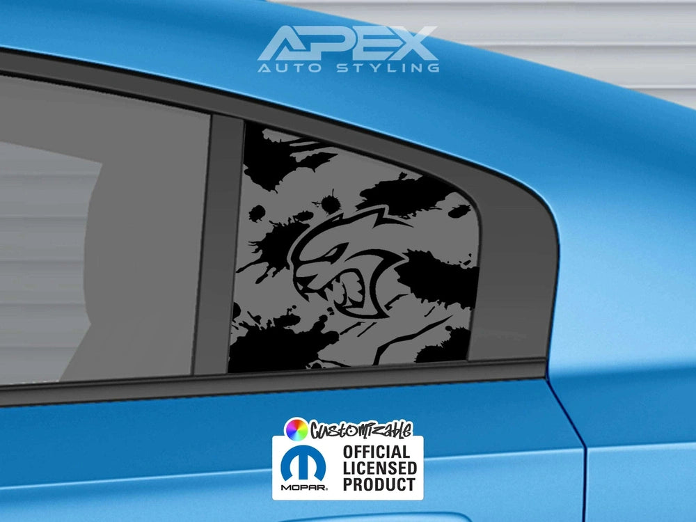 Blue Dodge Charger with black Hellcat logo decal on quarter window, Apex Auto Styling branding visible, showcasing custom vinyl application for sports car enthusiasts
