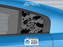 Load image into Gallery viewer, Blue Dodge Charger with black Hellcat logo decal on quarter window, Apex Auto Styling branding visible, showcasing custom vinyl application for sports car enthusiasts