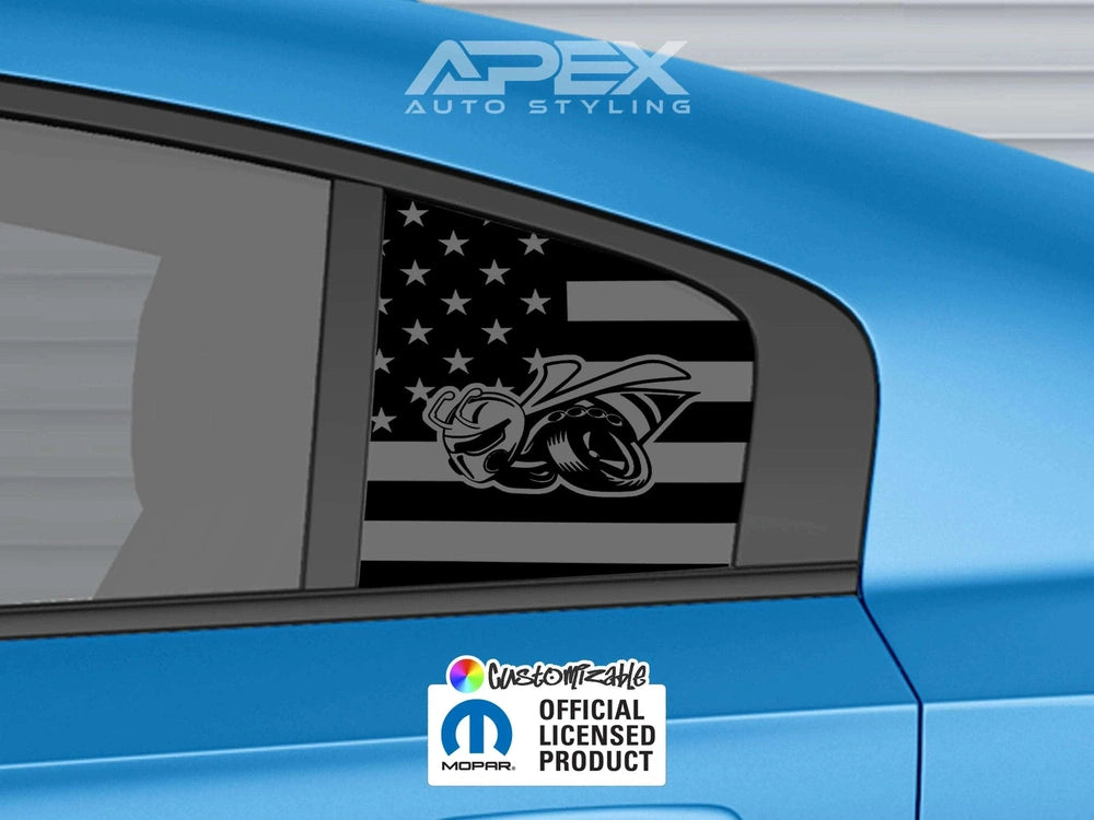 Dodge Charger quarter window decal featuring Superbee logo and American flag design, displayed on a blue car with Apex Auto Styling and Mopar licensing logos visible