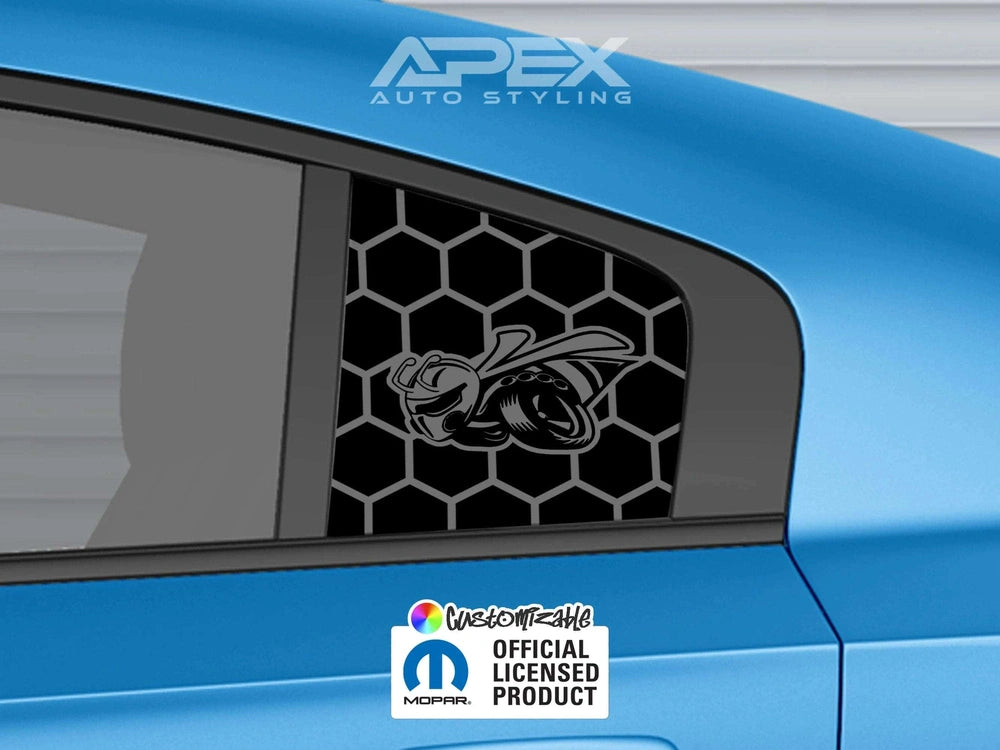 Custom Superbee logo quarter window decal on blue Dodge Charger, featuring honeycomb pattern and Apex Auto Styling branding, with Mopar official licensed product label
