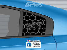 Load image into Gallery viewer, Custom Superbee logo quarter window decal on blue Dodge Charger, featuring honeycomb pattern and Apex Auto Styling branding, with Mopar official licensed product label