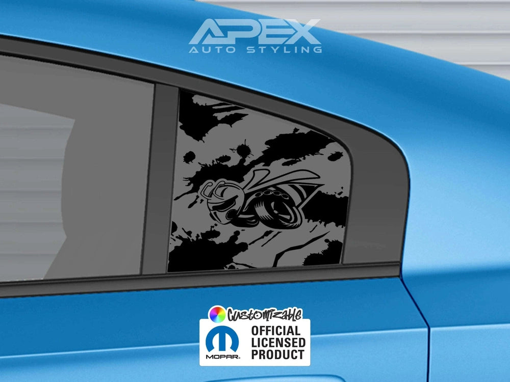 Dodge Charger quarter window decal featuring Superbee logo on matte black background, installed on blue vehicle. APEX Auto Styling and Mopar official licensed product logos visible.