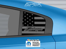 Load image into Gallery viewer, Dodge Charger quarter window decal featuring American flag design with Swinger logo, displayed on blue car body, APEX Auto Styling branding visible