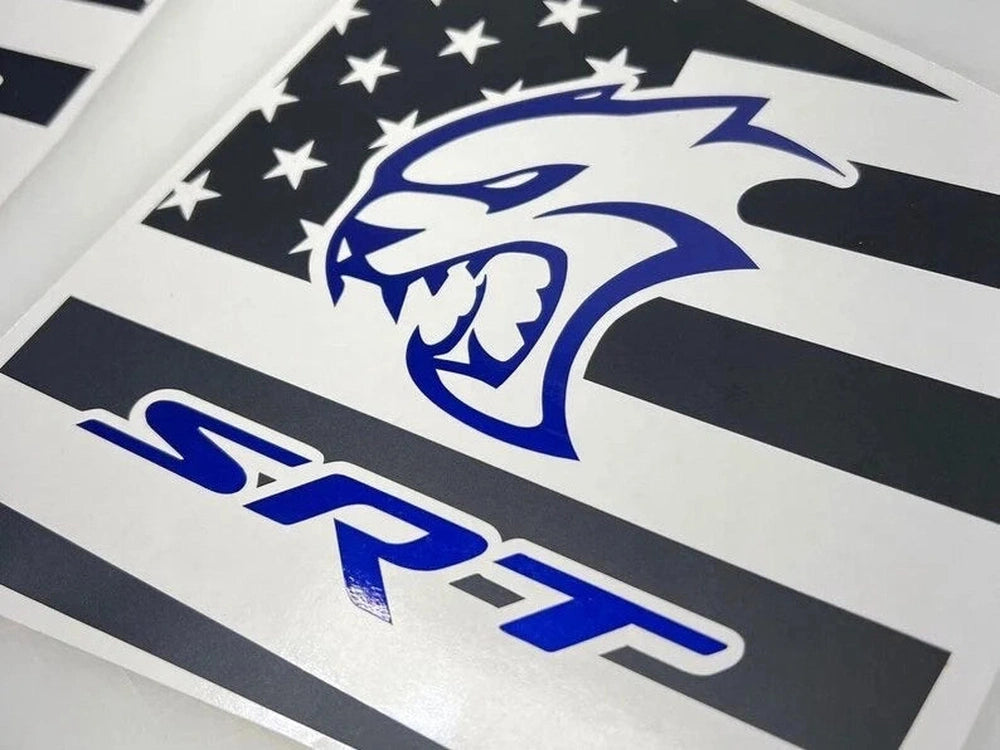 Dodge Charger SRT Hellcat logo decal with blue cat head design on black and white American flag background for quarter window customization