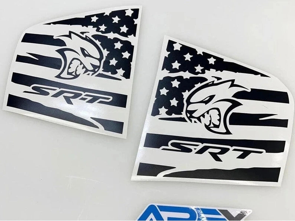 Dodge Charger SRT Hellcat quarter window decals featuring American flag design with Hellcat logo and SRT branding, showcasing patriotic custom styling for 2011-2023 models