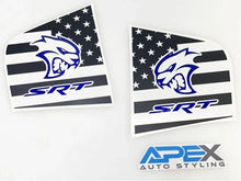 Load image into Gallery viewer, Charger quarter window decals featuring SRT Hellcat logo with American flag design, blue accents, and Apex Auto Styling branding for 2011-2023 models