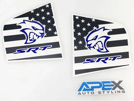 Charger quarter window decals featuring SRT Hellcat logo with American flag design, blue accents, and Apex Auto Styling branding for 2011-2023 models
