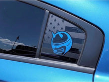 Load image into Gallery viewer, Dodge Charger quarter window decal featuring blue Demon Bee logo on matte black background with American flag pattern, applied to blue car exterior, showcasing custom vinyl design for 2011-2023 models