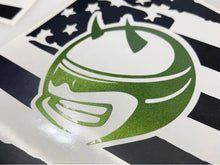 Load image into Gallery viewer, Green Demon Bee logo decal on black and white striped background, showcasing Charger quarter window vinyl design with American flag-inspired pattern