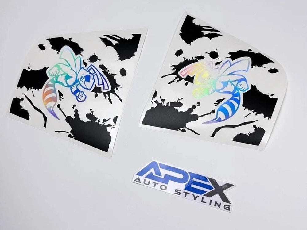 Charger quarter window decals featuring colorful angry hornet logos on black splatter background, with Apex Auto Styling logo below, showcasing custom vinyl designs for Dodge Charger vehicles