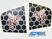 Load image into Gallery viewer, Charger quarter window decals featuring angry hornet logo on black honeycomb background. Two identical decals shown with red hornet design. Apex Auto Styling logo visible below.
