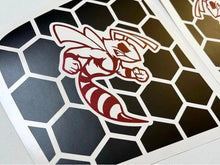 Load image into Gallery viewer, Dodge Charger Angry Hornet Logo quarter window decal, featuring a red hornet mascot on black honeycomb pattern background, showcasing custom vinyl design for 2011-2023 models