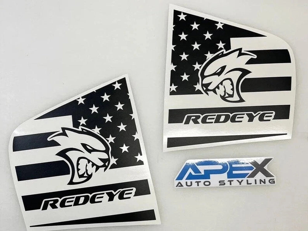 Charger Quarter Window Decals featuring Hellcat Redeye Logo with American flag design, showcasing stylized cat head and 'REDEYE' text, displayed alongside APEX Auto Styling logo, perfect for customizing 2011-2023 Dodge Charger models