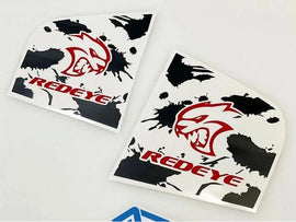 Dodge Charger quarter window decals featuring Hellcat Redeye logo in red on white background with black splatter design, showcasing customizable vinyl stickers for 2011-2023 models