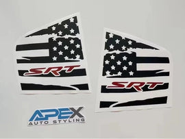 Custom Dodge Charger quarter window decals featuring American flag design with SRT logo in red, perfect for 2011-2023 models. Apex Auto Styling brand visible.