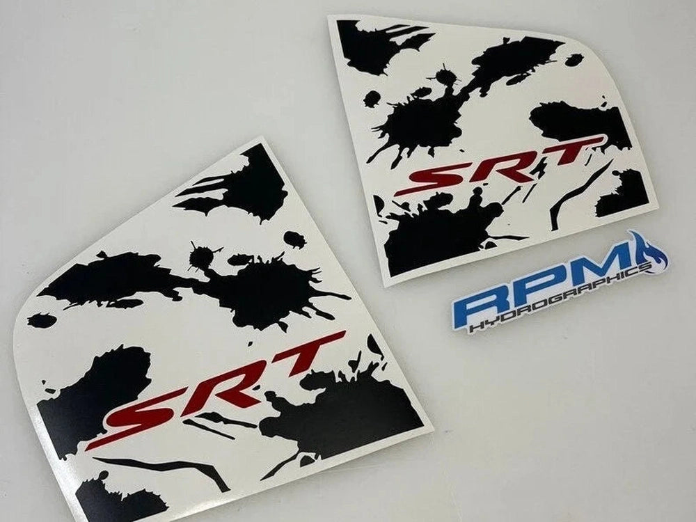 Custom Charger quarter window decals featuring SRT logo in red on white background with black splatter pattern, alongside RPM Motorsports logo, showcasing unique design for 2011-2023 Dodge Charger models