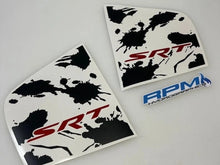 Load image into Gallery viewer, Custom Charger quarter window decals featuring SRT logo in red on white background with black splatter pattern, alongside RPM Motorsports logo, showcasing unique design for 2011-2023 Dodge Charger models
