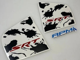 Custom Charger quarter window decals featuring SRT logo in red on white background with black splatter pattern, alongside RPM Motorsports logo, showcasing unique design for 2011-2023 Dodge Charger models