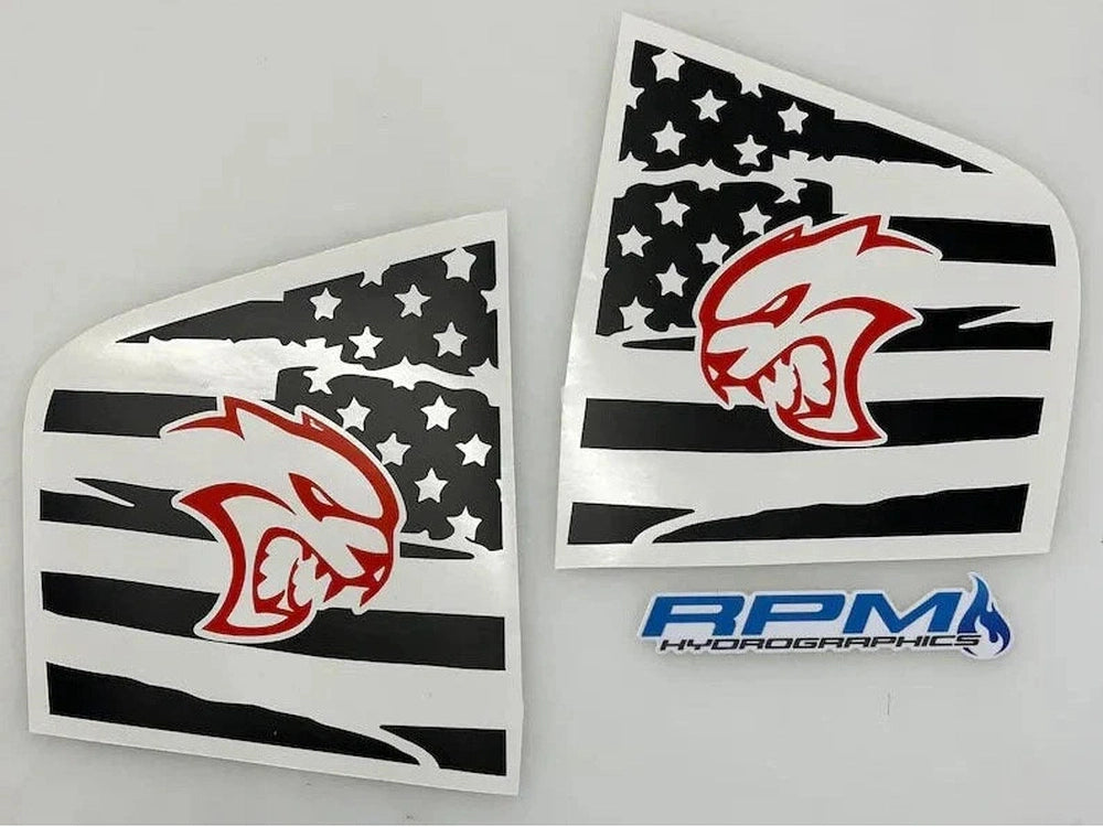Charger quarter window decals featuring Hellcat logo with American flag design, black and white stripes with stars, red logo, and RPM Autodecals branding
