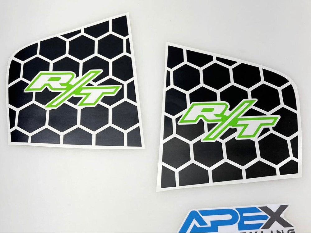 Dodge Charger quarter window decals with black honeycomb pattern and green R/T logo, custom fit for 2011-2023 models, shown on white background