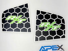 Load image into Gallery viewer, Dodge Charger quarter window decals with black honeycomb pattern and green R/T logo, custom fit for 2011-2023 models, shown on white background