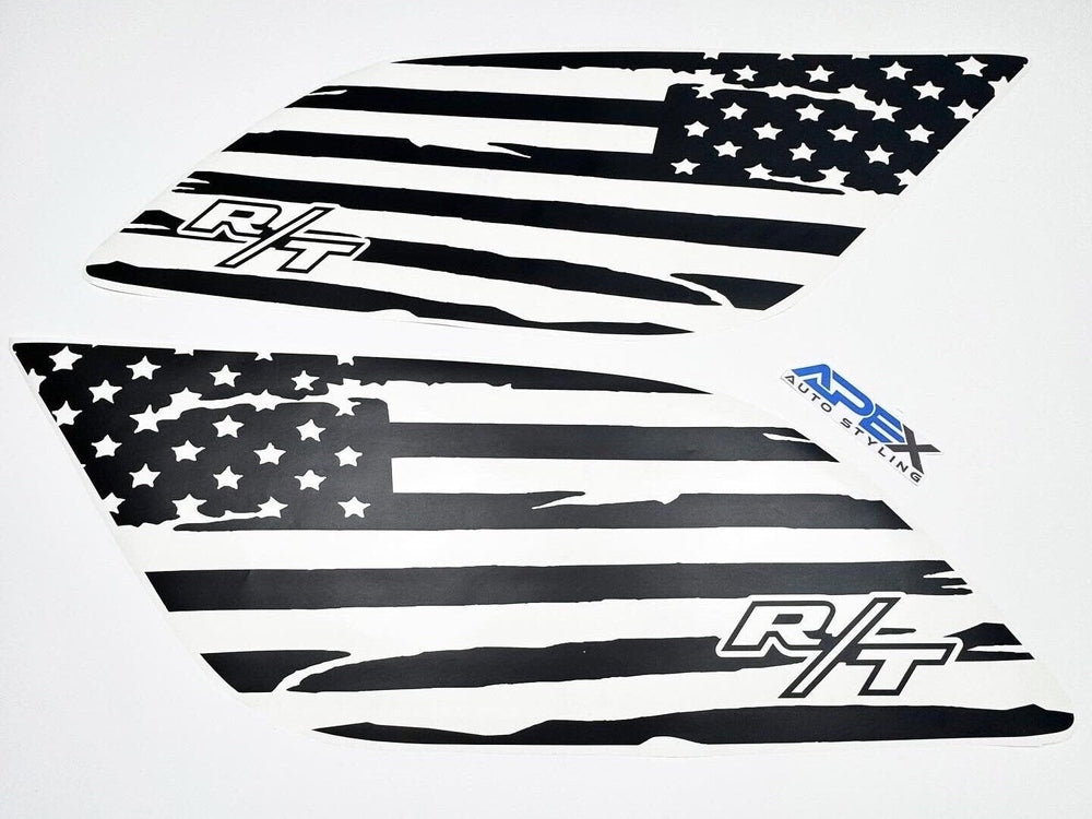 Dodge Durango quarter window decals featuring distressed American flag design with R/T logo in black and white, customizable for 2011+ models