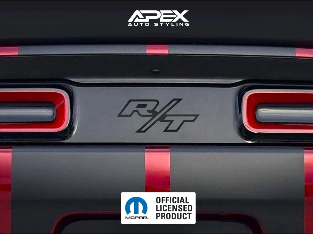 Dodge Challenger taillight divider with R/T logo decal, showcasing customizable design options for the rear of the vehicle. Apex Auto Styling and Mopar licensed product logos visible.