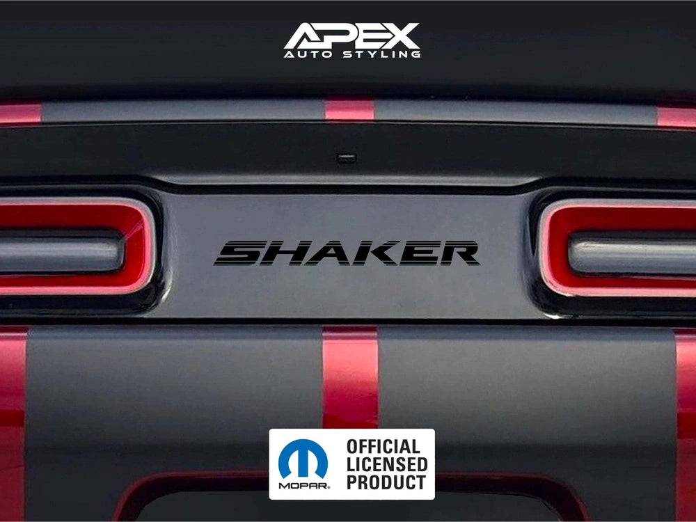 Dodge Challenger taillight divider with customizable Shaker logo decal, showcasing black and red striped pattern. APEX Auto Styling logo and Mopar licensed product badge visible.