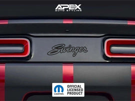 Dodge Challenger taillight divider with Swinger logo decal, showing customizable design in matte black and red, featuring Apex Auto Styling branding and Mopar official licensed product label