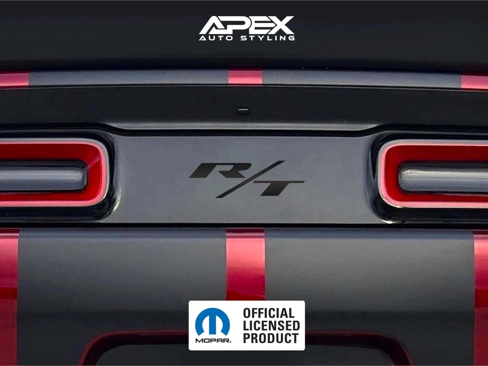 Customizable Dodge Challenger taillight divider decal with R/T logo, shown in matte black and red design. Features Apex Auto Styling branding and Mopar official licensed product seal.
