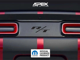 Customizable Dodge Challenger taillight divider decal with R/T logo, shown in matte black and red design. Features Apex Auto Styling branding and Mopar official licensed product seal.