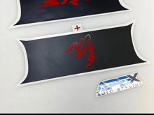 Load image into Gallery viewer, Customizable Challenger taillight divider decal with Angry Hornet logo in red on black background, showcasing SRT branding and Auto Styling emblem, demonstrating product options and design versatility for car enthusiasts.