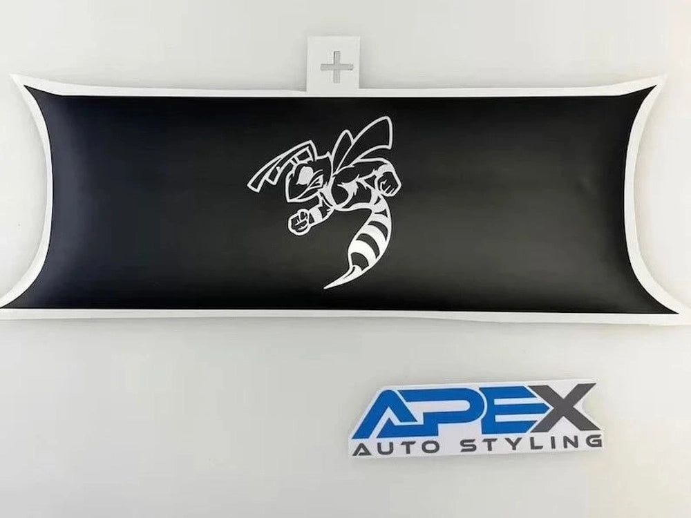 Dodge Challenger taillight divider decal with white Angry Hornet logo on black background, showcasing custom design for Apex Auto Styling product