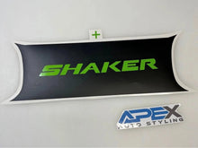 Load image into Gallery viewer, Dodge Challenger taillight divider decal with bright green Shaker logo on black background, displayed next to Apex Auto Styling logo, showcasing custom vinyl design for vehicle customization