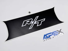 Load image into Gallery viewer, Challenger taillight divider decal with R/T logo in white on black background, alongside Apex Auto Styling logo in blue and white, showcasing custom automotive accessory for Dodge Challenger
