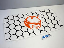 Load image into Gallery viewer, Dodge Challenger Demon Bee sunroof decal featuring orange logo on white background with black honeycomb pattern, showcasing product design and installation example