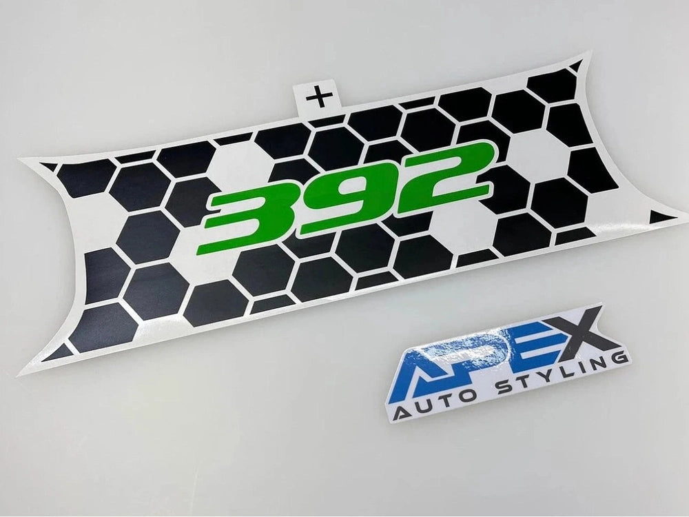 Customizable Dodge Challenger taillight divider decal featuring honeycomb pattern with green "392" logo, displayed next to Apex Auto Styling logo on white background