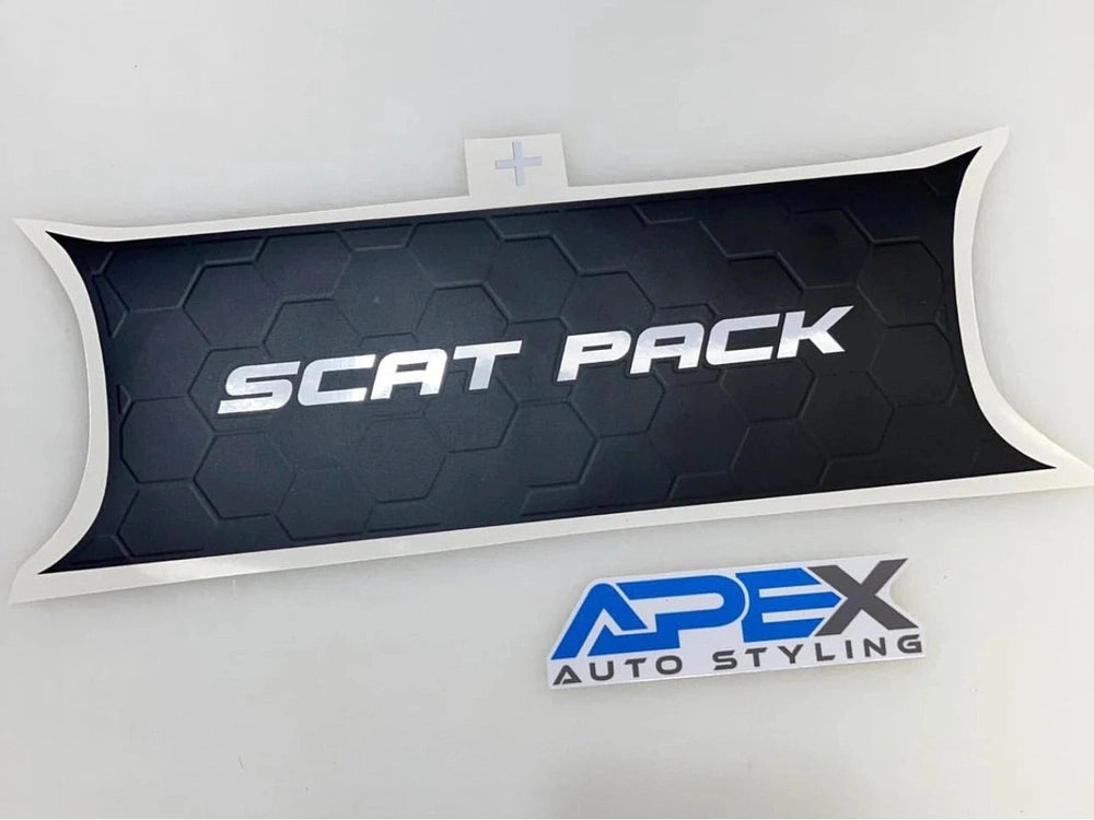 Challenger taillight divider decal featuring "SCAT PACK" text in white on a black honeycomb background, with Apex Auto Styling logo below