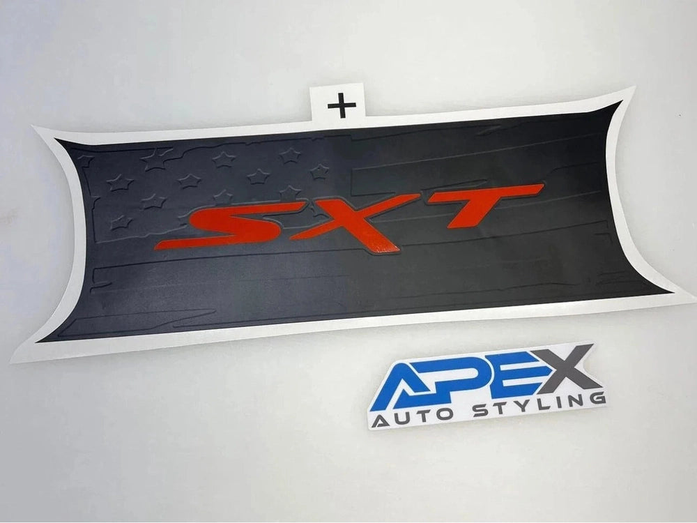 Dodge Challenger taillight divider decal with red SXT logo, black background featuring star pattern, and Apex Auto Styling branding below
