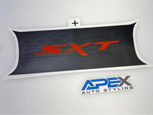 Load image into Gallery viewer, Dodge Challenger taillight divider decal with red SXT logo, black background featuring star pattern, and Apex Auto Styling branding below
