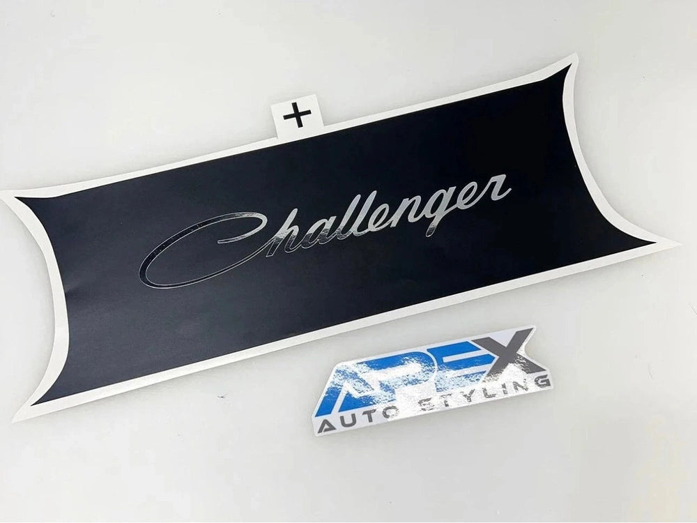 Challenger taillight divider decal with embossed logo on black background, showcasing customizable design for Dodge Challenger. APex Auto Styling brand logo displayed below.