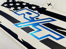 Load image into Gallery viewer, Challenger taillight divider decal featuring R/T logo in blue, with black and white American flag design. Close-up view showing detailed vinyl texture and precise cut-out pattern.