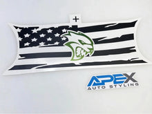 Load image into Gallery viewer, Customizable Challenger taillight divider decal featuring distressed American flag design with green Hellcat logo, showcasing Apex Auto Styling brand