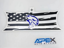 Load image into Gallery viewer, Challenger taillight divider decal featuring a distressed American flag design with blue Hellcat logo, showcasing Apex Auto Styling&#39;s customization options for Dodge Challenger owners seeking a patriotic and performance-inspired aesthetic.