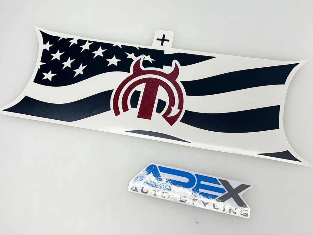 Challenger taillight divider decal featuring a stylized American flag design with stars and stripes, incorporating a red MOPAR Devil logo in the center. Below, a blue and white AREX Auto Styling logo is visible.